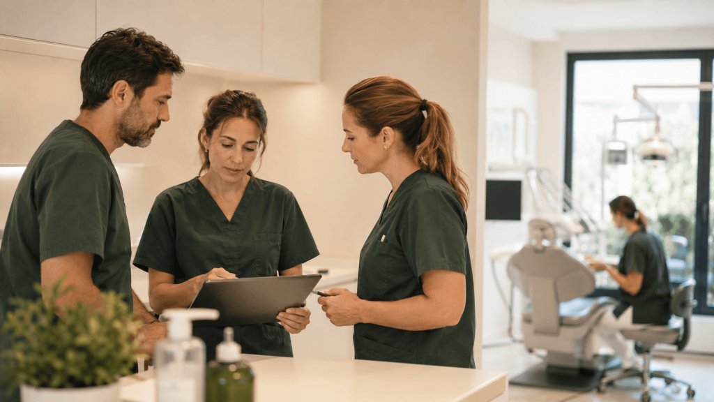 Equipo profesional de una clínica dental planificando