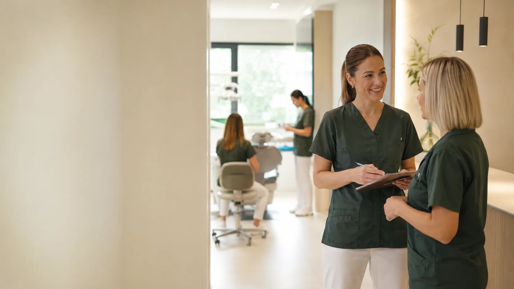 Equipo profesional de una clínica dental consolidada durante una jornada de trabajo.