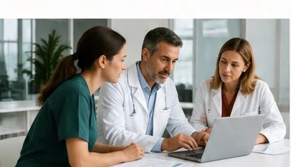 Equipo médico revisando información en un portátil